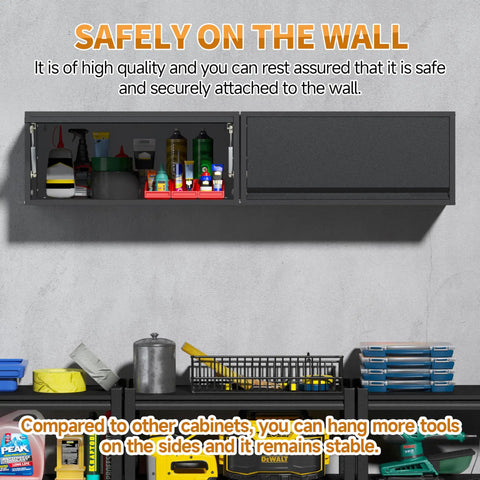Metal Garage Wall Cabinet With Up Flip Door, Wall Mounted Steel Storage Cabinet With Pegboard, open view, tools stored inside