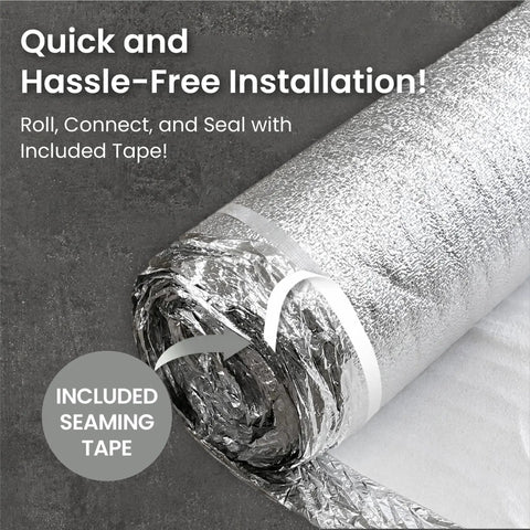 Heavy Duty Three In One Floor Underlayment Roll with silver foil showing included seaming tape for easy installation.