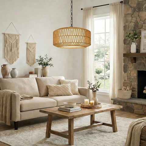 Five Light Hand Woven Rattan Chandelier With Totally Adjustable Drop From Nine To Fifty Two Inches And Soft Linen Shades For Kitchen Island Super Cozy Glow hanging above a cozy living room setting with neutral colors.