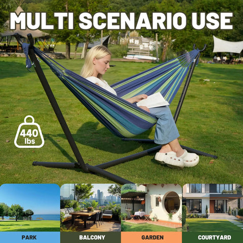 Heavy Duty Steel Stand Outdoor Hammock For Two People With 450 Lb Capacity Portable Beach Backyard Garden Patio shown in park