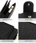 Travel Ready Compact Women's Bifold Wallet With RFID Blocking Zipper Coin Pocket And Card Holder Lightweight Durable Material Slim Purse Friendly For Everyday Carry And Travel Classic Black - Close-up views of smooth zipper, metal snap, sturdy stitching, and soft texture.