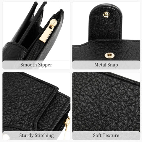 Travel Ready Compact Women's Bifold Wallet With RFID Blocking Zipper Coin Pocket And Card Holder Lightweight Durable Material Slim Purse Friendly For Everyday Carry And Travel Classic Black - Close-up views of smooth zipper, metal snap, sturdy stitching, and soft texture.