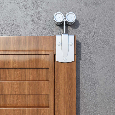 Heavy Duty Galvanized Steel Exterior Sliding Barn Door Roller Kit For Outdoor Use installed on wood door