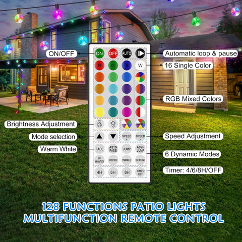30Ft G40 LED Outdoor String Lights With 24 Color Changing Options And 128 Modes Dimmable Weatherproof And Connectable, remote control with color buttons in front of a house.