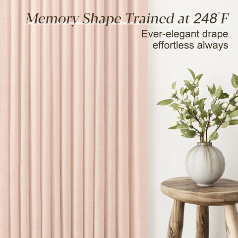 Light Pink Linen Curtains 108 Inch Long, 2 Panels, Pinch Pleat, Semi Sheer Light Filtering For Nursery Baby Girls Bedroom, Dusty Blush Drapes, 350GSM Linen Blend For Living Room Cozy Modern Drapes installed with a potted plant on a stool nearby.