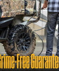 Powerful Gas Pressure Washer 3400 PSI, 2.6 GPM cleaning muddy vehicle tire with spray gun and wand, showcasing grime removal.