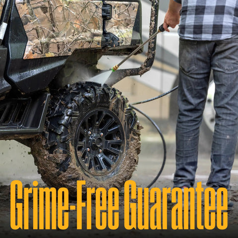 Powerful Gas Pressure Washer 3400 PSI, 2.6 GPM cleaning muddy vehicle tire with spray gun and wand, showcasing grime removal.