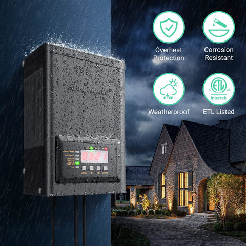 Low Voltage Transformer With Timer And Photocell Sensor For Outdoor Landscape Lighting 120W 12V To 14V AC Weatherproof ETL Listed