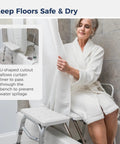 Woman using Tub Transfer Bench With U Shaped Cutout Guard Keeps Shower Curtain Inside Tub No Spill Design Adjustable Height