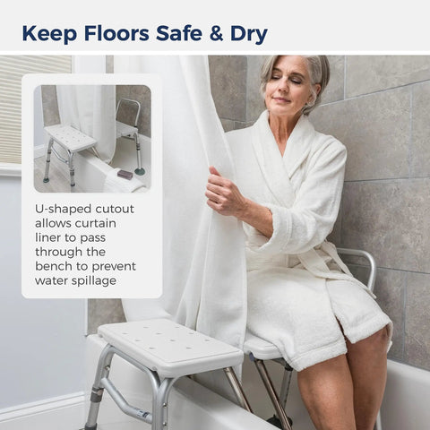 Woman using Tub Transfer Bench With U Shaped Cutout Guard Keeps Shower Curtain Inside Tub No Spill Design Adjustable Height