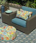 Outdoor Lumbar Pillow Covers 12x20 Inch Pack Of 2, Paisley Multi Fabric, Fade Resistant, on wicker chair with blue cushion