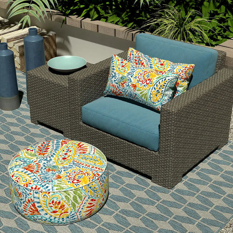 Outdoor Lumbar Pillow Covers 12x20 Inch Pack Of 2, Paisley Multi Fabric, Fade Resistant, on wicker chair with blue cushion