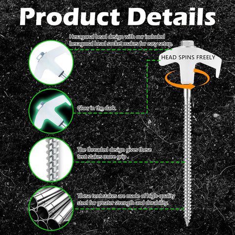 12 Pack 8 Inch Heavy Duty Screw In Tent Stakes Glow In The Dark Ground Anchors with hex socket driver detail image.