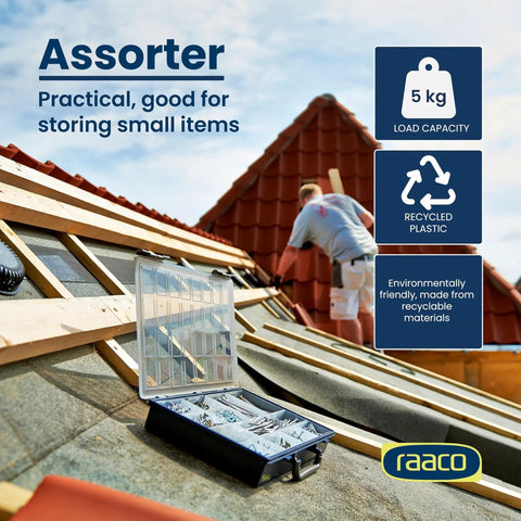 Assorter Tool Box Organizer with 32 fixed slots and semi-transparent lid, durable polypropylene, 5 kg capacity on roof