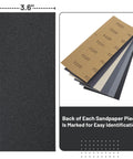 Close-up of sandpaper sheets in 18 Piece Wet Dry Sandpaper Kit 120 To 3000 Grit For Metal Wood Automotive And Furniture Includes Two Sheets Each Of 220 320 400 600 800 1000 And One Sheet Of 120 1200 1500 2000 2500 3000 Durable And Flexible For Hand Or Power Sanding with dimensions labeled.