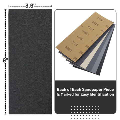 Close-up of sandpaper sheets in 18 Piece Wet Dry Sandpaper Kit 120 To 3000 Grit For Metal Wood Automotive And Furniture Includes Two Sheets Each Of 220 320 400 600 800 1000 And One Sheet Of 120 1200 1500 2000 2500 3000 Durable And Flexible For Hand Or Power Sanding with dimensions labeled.