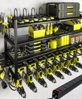 Power Tool Organizer With Charging Station For Garage Eight Outlet Power Strip Built In Wall Mount Shelf Battery Organizer For Drills And Bits Screwdrivers Hammers And Air Tools Storage Rack with tools arranged.