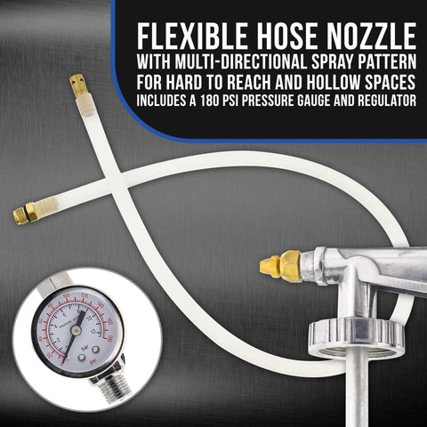 Flexible hose nozzle with multi-directional spray, pressure gauge, and regulator for Heavy Duty Pneumatic Undercoating Spray Gun.