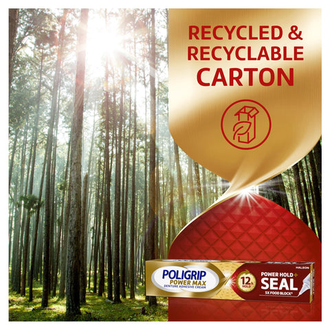 Power Max Denture Adhesive Cream carton with recycled label in a forest backdrop