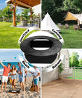 Image of a 47.8 Inch Fire Pit Surround Tabletop Snaps Right On For Solo Stove Bonfire Ranger Yukon 2.0 shown in courtyard and beach settings.