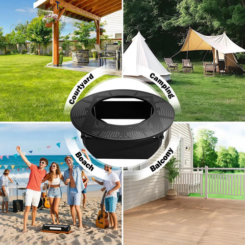 Image of a 47.8 Inch Fire Pit Surround Tabletop Snaps Right On For Solo Stove Bonfire Ranger Yukon 2.0 shown in courtyard and beach settings.