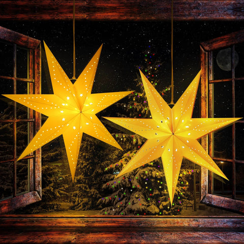 Two Pack 24 Inch Paper Star Lanterns With 50 LED Fairy String Lights Eight Modes Seven Pointed Hollow Star Hanging Decor glowing in window