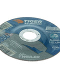 4-1/2 Inch Aluminum Cutting Wheel Non-Loading Contaminant-Free High Performance Pro Grade Tiger Blend For Fast Clean Aluminum Cuts With Seven Eighths Inch Arbor 0.045 Inch Thick Type 27 Wheel Pack Of 25 on white background