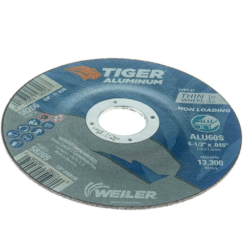 4-1/2 Inch Aluminum Cutting Wheel Non-Loading Contaminant-Free High Performance Pro Grade Tiger Blend For Fast Clean Aluminum Cuts With Seven Eighths Inch Arbor 0.045 Inch Thick Type 27 Wheel Pack Of 25 on white background