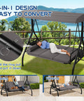 Three Seat Patio Swing With Adjustable Canopy And Stand Heavy Duty Outdoor Porch Glider Bench with cushions and cup holder