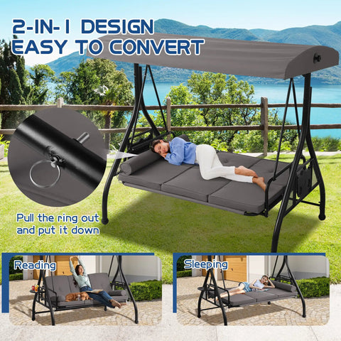 Three Seat Patio Swing With Adjustable Canopy And Stand Heavy Duty Outdoor Porch Glider Bench with cushions and cup holder