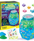 Totally Glowing Axolotl Aquarium Craft Kit For Kids Ages 6 And Up With Five Mini Axolotls, Glow In The Dark Decor, And STEM Fun, Hands On Arts And Science Gift For Girls And Boys. kit box and decorated plastic aquarium