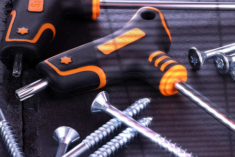 9 Piece T Handle Torx Wrench Set With S2 Steel Long Arm Security Star Keys T10 Through T50 displayed with screws on a table.