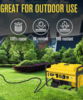Heavy Duty 30 Amp L6 30 Generator Cable 25 Foot Extension Cord With 3 Prong 250V NEMA Twist Lock RV Ready UL ETL Listed 10 Gauge shown with a generator in a yard, highlighting outdoor durability features.
