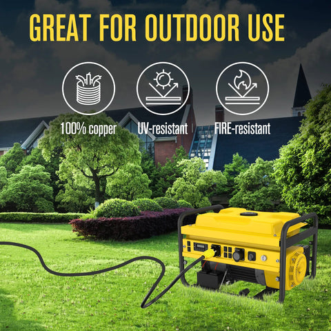 Heavy Duty 30 Amp L6 30 Generator Cable 25 Foot Extension Cord With 3 Prong 250V NEMA Twist Lock RV Ready UL ETL Listed 10 Gauge shown with a generator in a yard, highlighting outdoor durability features.