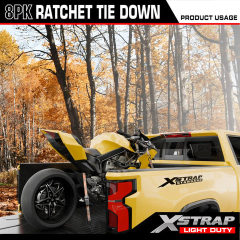 Tough As Nails Camo Ratchet Tie Down Straps Eight Pack One Inch By Ten Feet Three Hundred Pound Working Load Limit Nine Hundred Pound Break Strength used to secure motorcycle in truck bed.