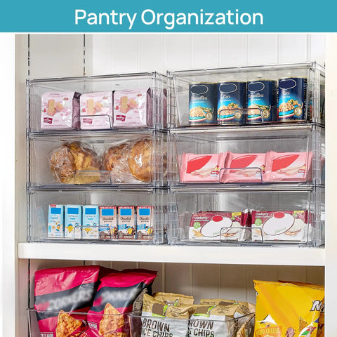 Stay Flawlessly Organized With These Hella Spacious Clear Stackable Storage Drawers 2 Pack Large Plastic Bins For Pantry Closet Heavy Duty Boxes For Daily Essentials filled with snacks and toiletries.