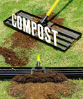 Heavy Duty Lawn Leveling Rake With Seven Foot Handle 30 Inch By 10 Inch Steel Golf Rake distributing compost on lawn