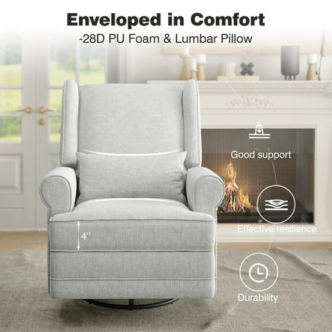 Swivel Recliner Chair With Extra Large Footrest, Plush Upholstered Glider Rocker For Living Room, Bedroom, And Office, Off White