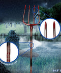Adjustable Halloween Pitch Fork Prop Accessory For Cosplay And Theatrical Use, red plastic farm style fork in eerie graveyard.