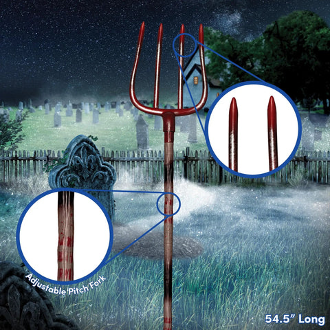Adjustable Halloween Pitch Fork Prop Accessory For Cosplay And Theatrical Use, red plastic farm style fork in eerie graveyard.