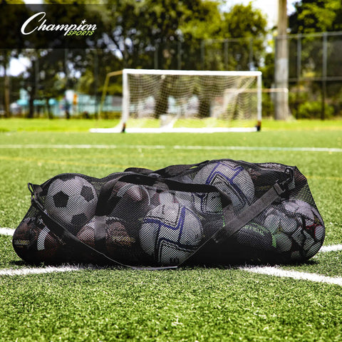 Mesh Duffle Bag With Zipper And Adjustable Shoulder Strap 15 By 36 Inches Black Oversized Gym Bag on soccer field