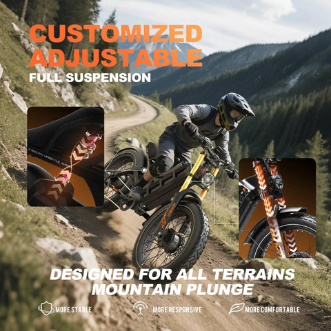 Heavy Duty Adult Electric Bike Cranks Out 5600 W Peak Power And Hits 50 Mph Quick While The Massive 80 Ah Battery Pushes You Up To 250 Miles Per Charge With Full Suspension And Gnarly Fat Tires Built Tough, riding on a mountain trail.
