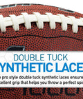 Close-up of a brown junior youth football for kids with extra grippy synthetic leather, pro style laces, text on image