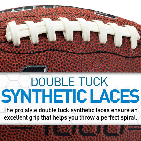 Close-up of a brown junior youth football for kids with extra grippy synthetic leather, pro style laces, text on image