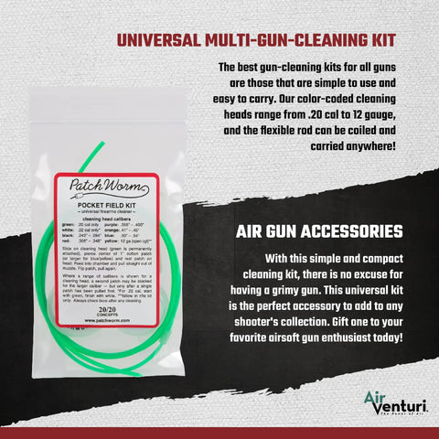 PatchWorm Multi Caliber Pocket Gun Cleaning Kit For.20 To.50 Calibers packaging with flexible green coiled rod