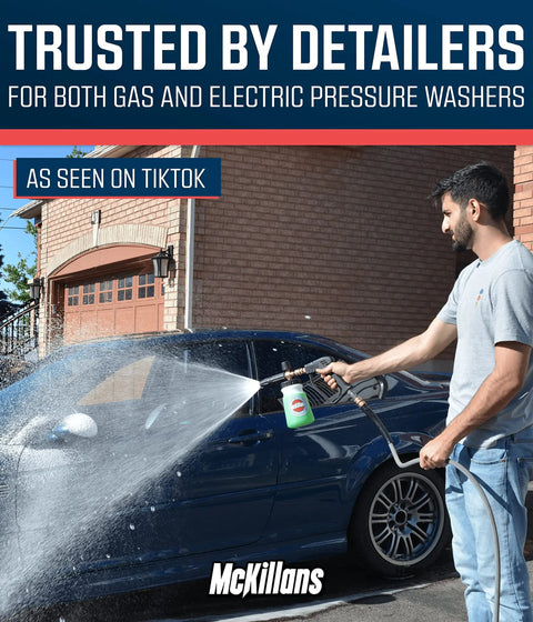 Wide Mouth Foam Cannon For Pressure Washer With Adjustable Thick Foam Snow Foam Solution Soap Dispenser One Quarter Inch Quick Connector Car Wash Lance Easy Dilution And Stable Base in use washing a car