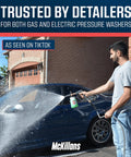 Man using Heavy Duty Foam Cannon For Pressure Washers With Thick Snow Foam Adjustable Foam One Quarter Inch Quick Connect Easy Car Wash Soap Dispenser And Suds Sprayer on a car