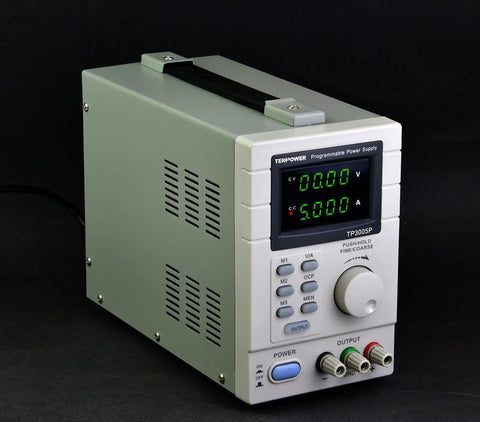 Programmable DC Power Supply 0-30V 0-5A with dual displays showing 0.00V and 5.00A, coarse and fine adjustment on front panel.