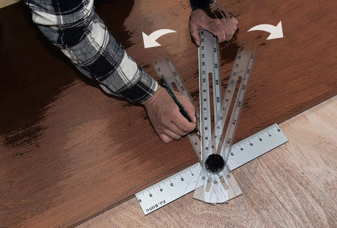 Foldable Triangle Ruler And Square Set For Carpentry And Woodworking, 24 Inch Aluminum Frame in use on wooden surface.