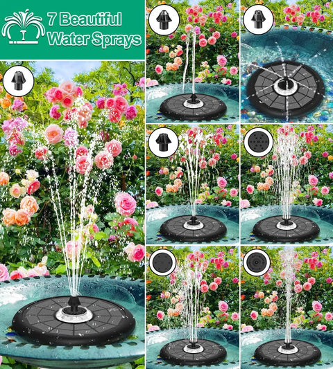 Powerful 5W Solar Powered Water Fountain For Bird Bath With All Glass Panel Colorful Light Show 7 Nozzles in garden setup